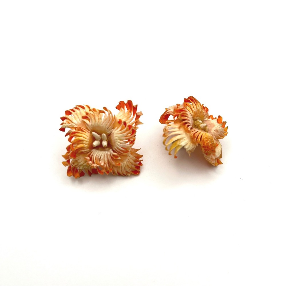 Vintage Delicate Orange White Feathered Flower Screw Back‎ Earrings Paper MCM